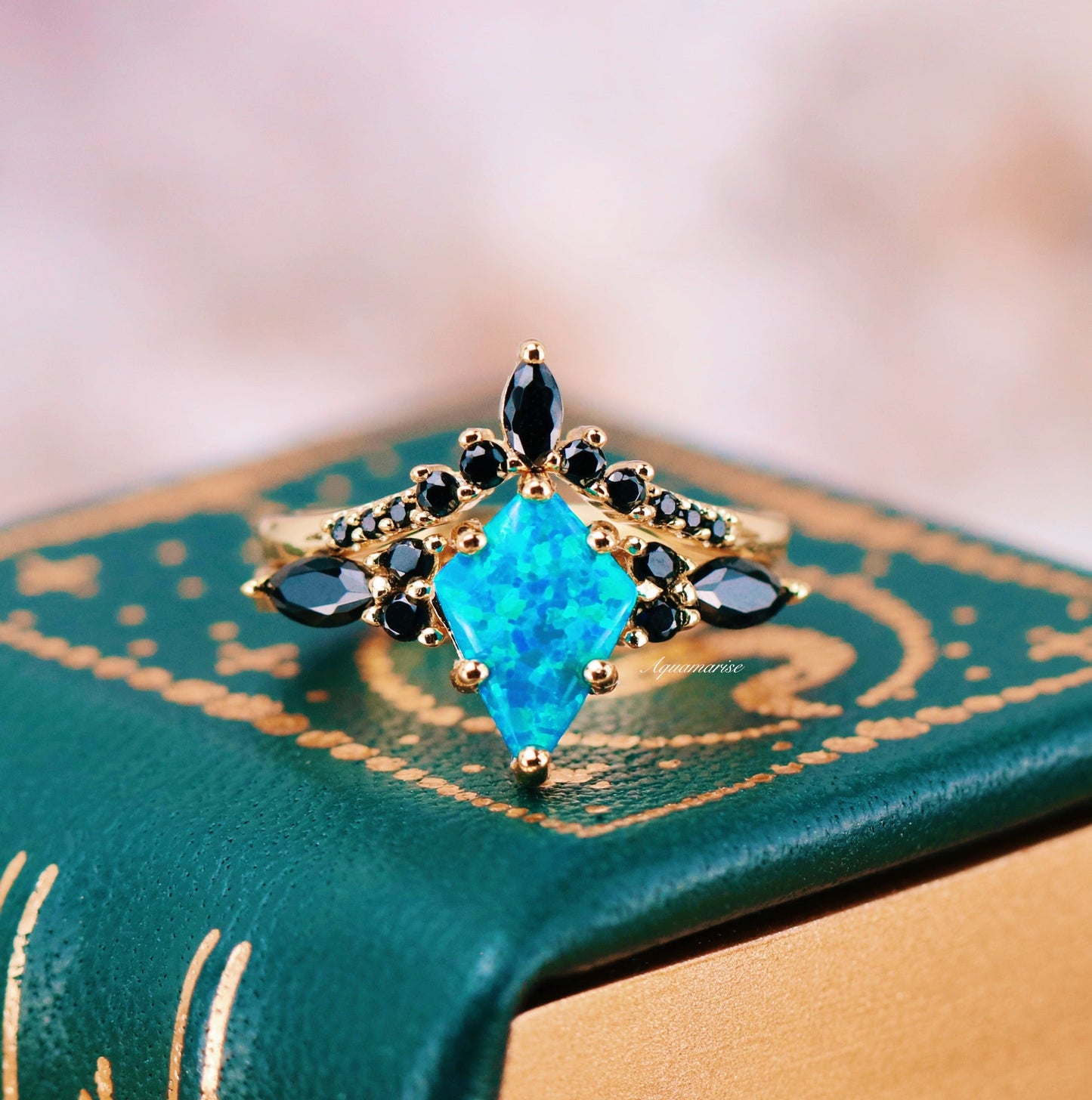 Skye Kite® Blue Fire Opal, Meteorite & Starry Night Couples Ring Set