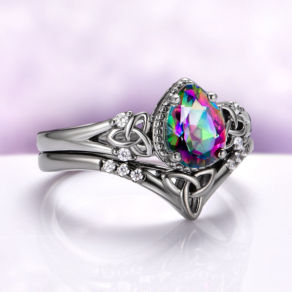 Mystic Topaz & Galaxy Fire Opal Celtic Couples Ring Set