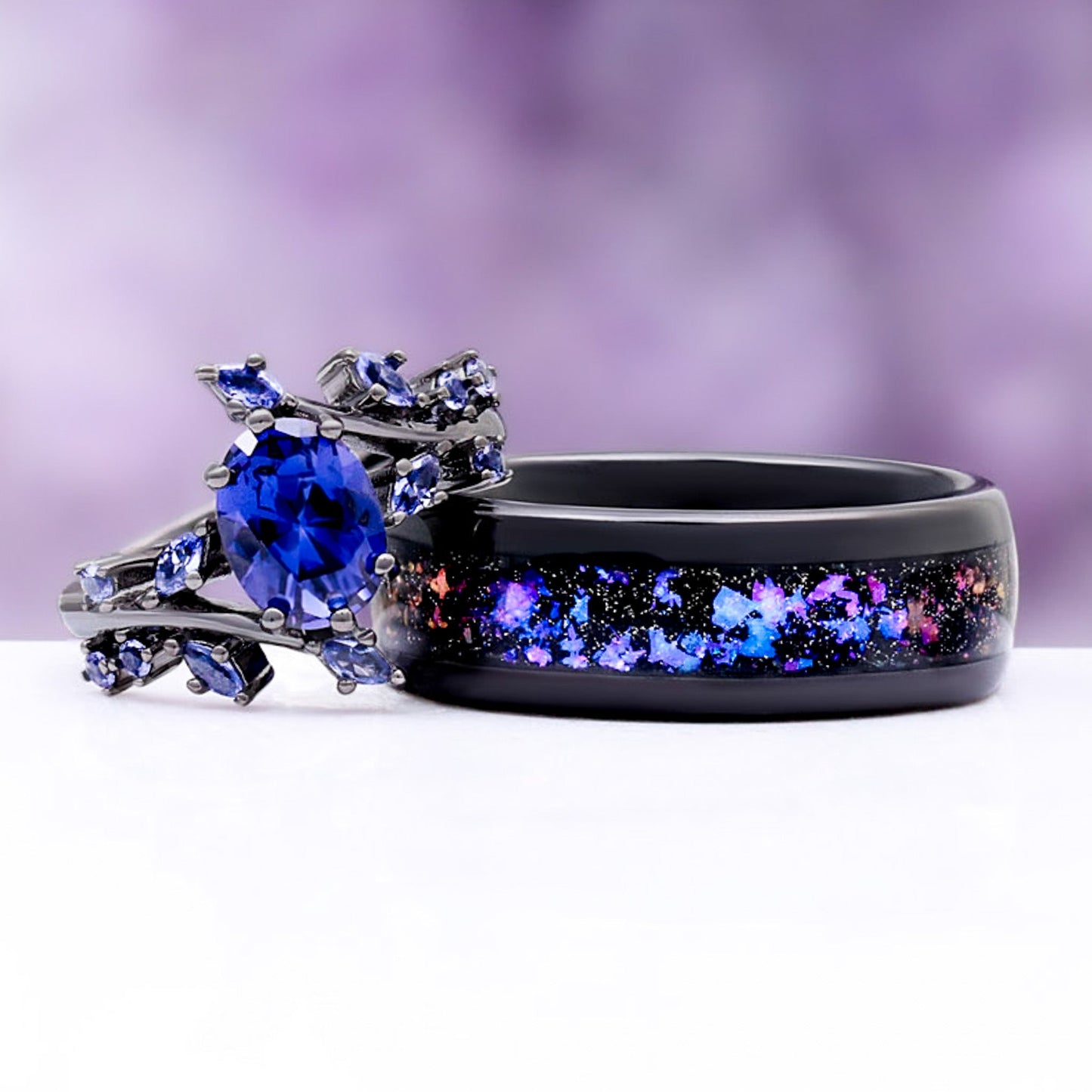 Cornflower Sapphire & Orion Nebula™ Couples Ring Set