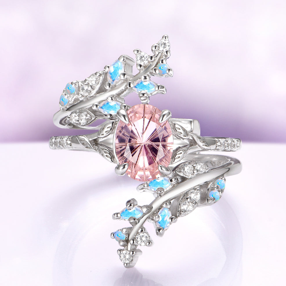 Fireworks Cut Morganite & Moonstone Leaf Couples Ring Set