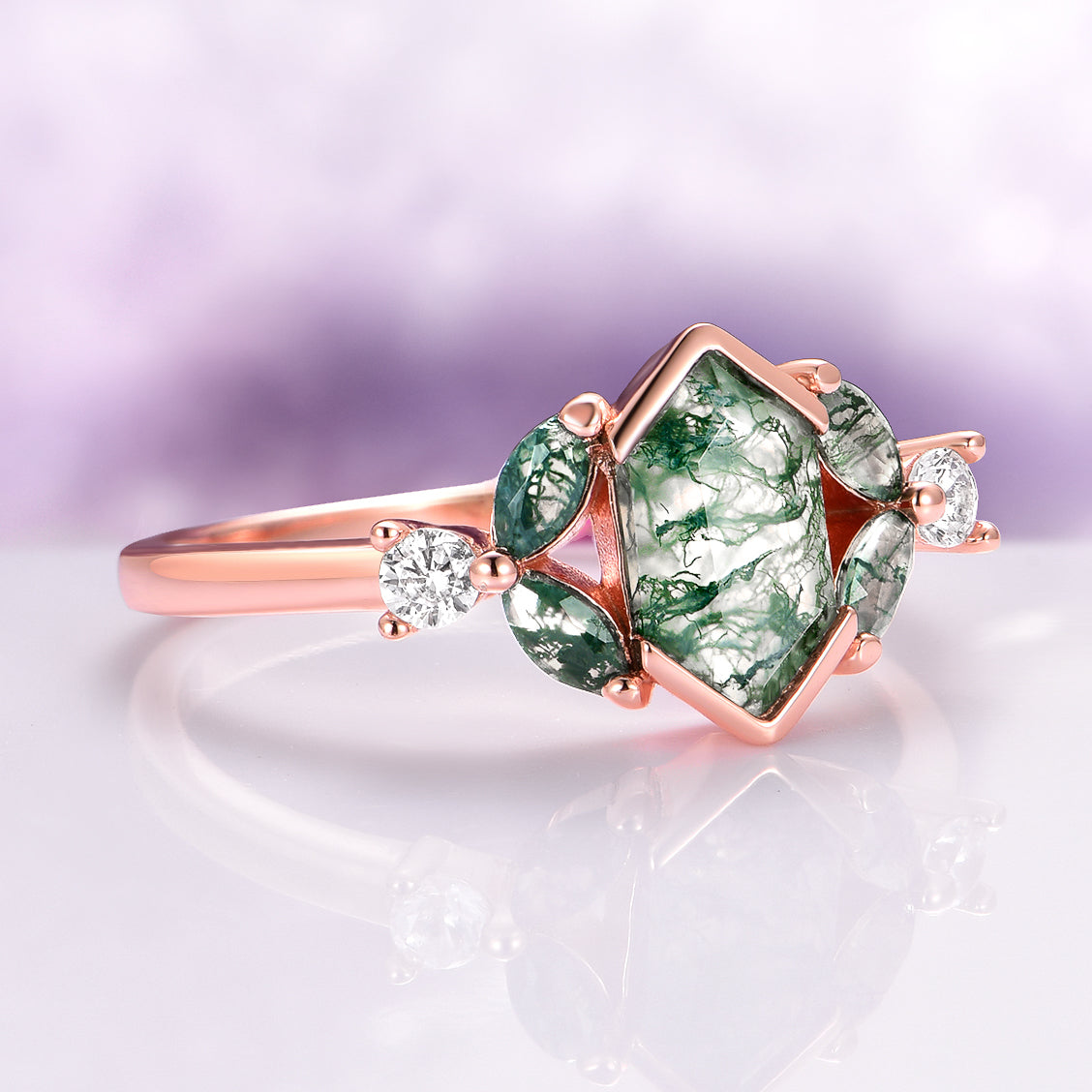 Hexagon Green Moss Agate Couples Ring Set