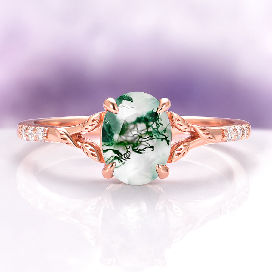 Green Fire Opal & Moss Agate Leaf Couples Ring Set