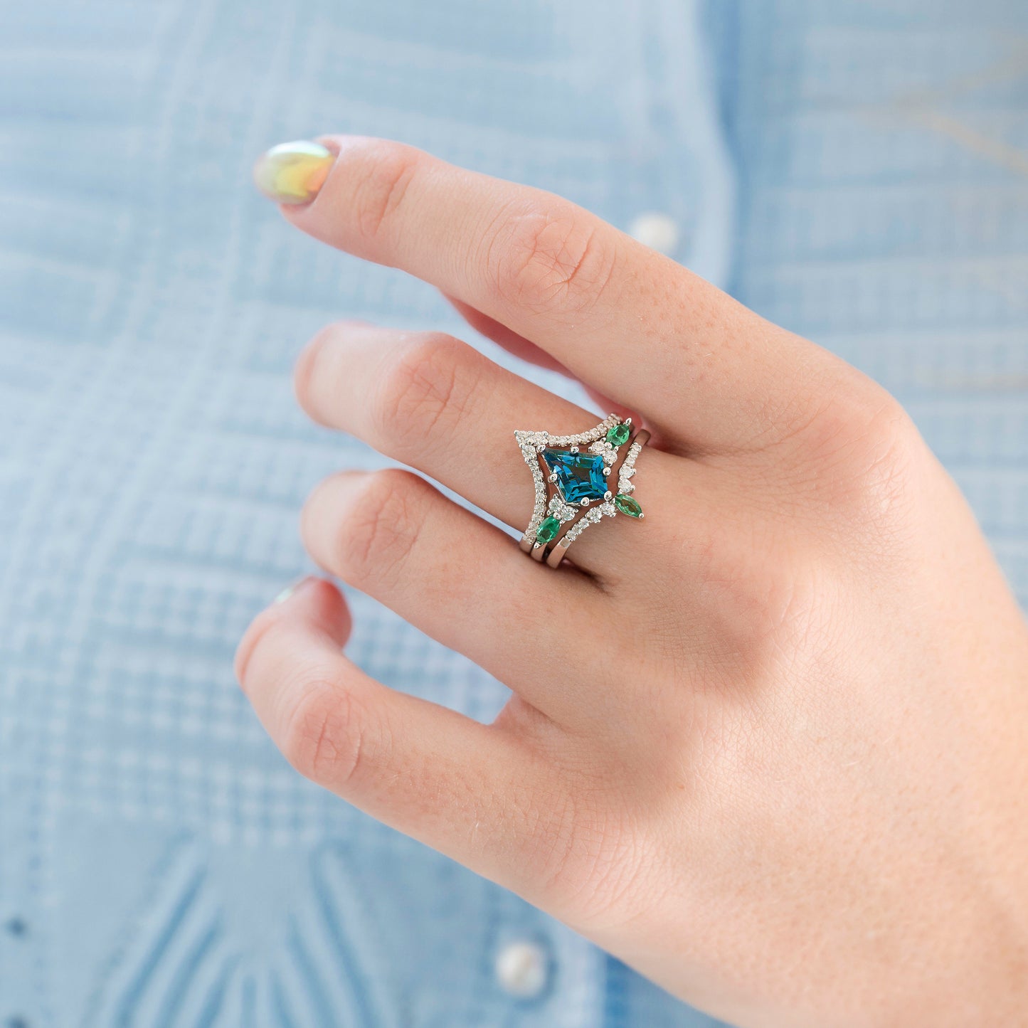 Skye Kite® London Blue Topaz & Emerald Deer Couples Ring Set