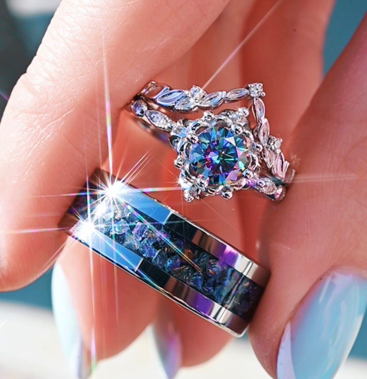 Mystical Fairy Rainbow Moissanite Couples Ring Set