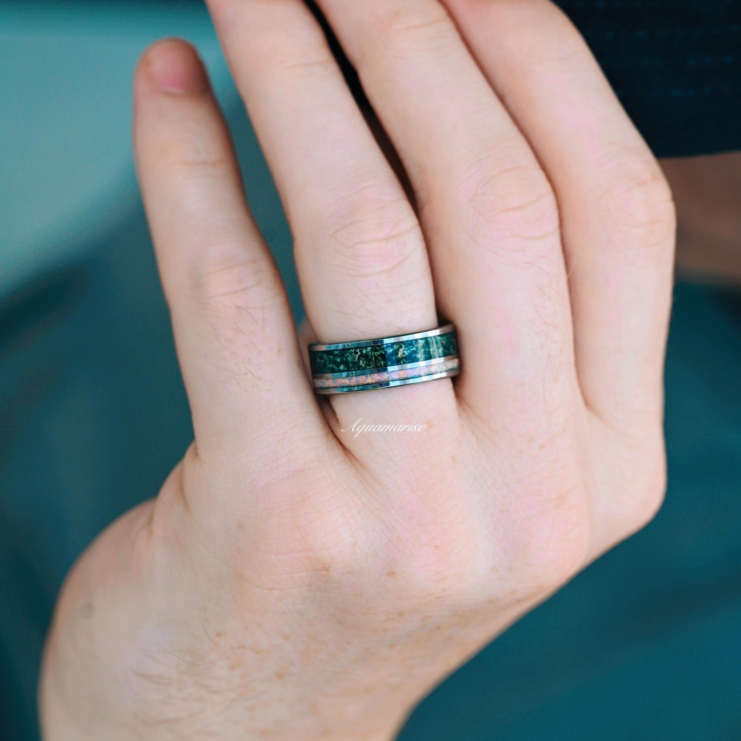 Green Moss Agate & Fire Opal Couples Ring Set