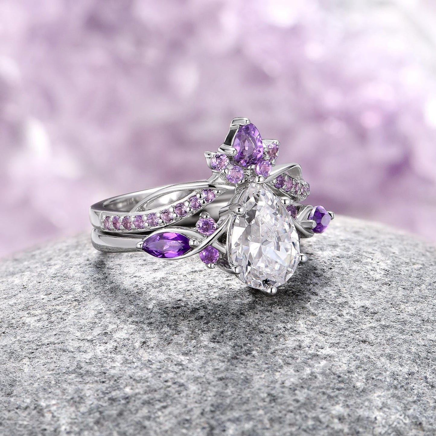 Feyra Amethyst & Simulated Diamond Couples Ring Set