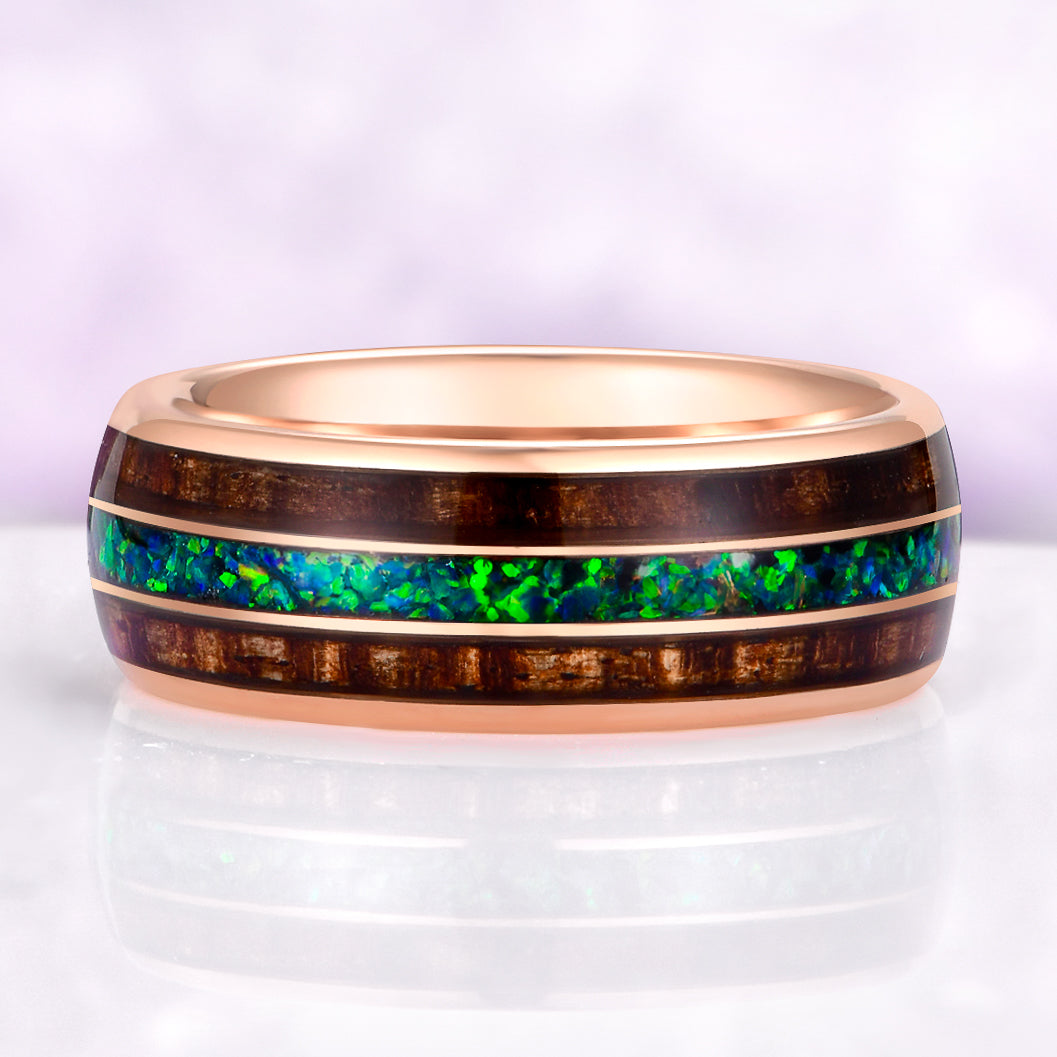 Moss Agate, Peacock Opal & Whiskey Barrel Wood Couples Ring Set