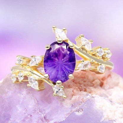 Amethyst and Galaxy Fire Opal Leaf Couples Ring Set