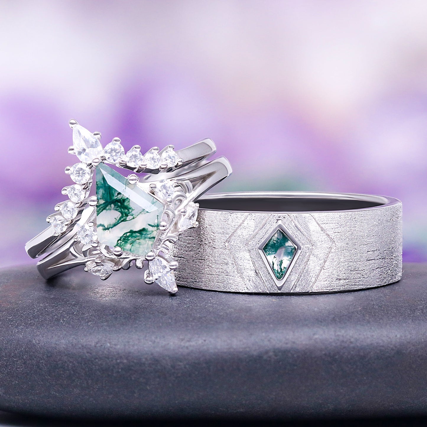 Elowen Moss Agate Couples Ring Set