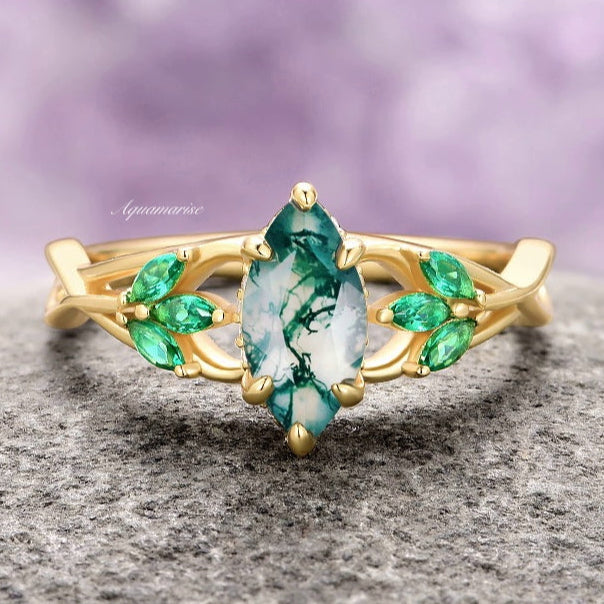 Celtic Knot Moss Agate & Gold Leaf Couples Ring Set