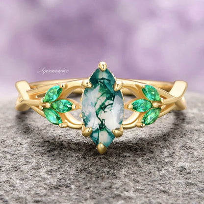 Celtic Knot Moss Agate & Gold Leaf Couples Ring Set