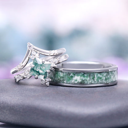 Rustic Moss Agate Couples Ring Set