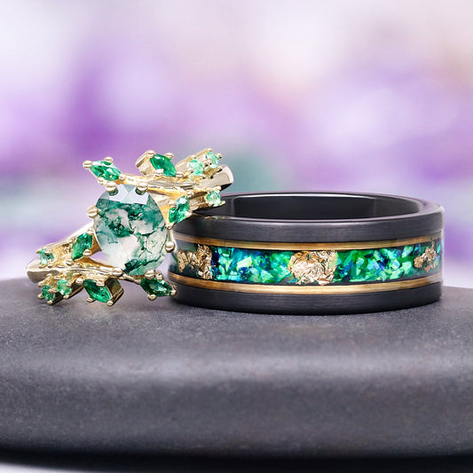 Green Moss Agate & Fire Opal & Gold Leaf Couples Ring Set