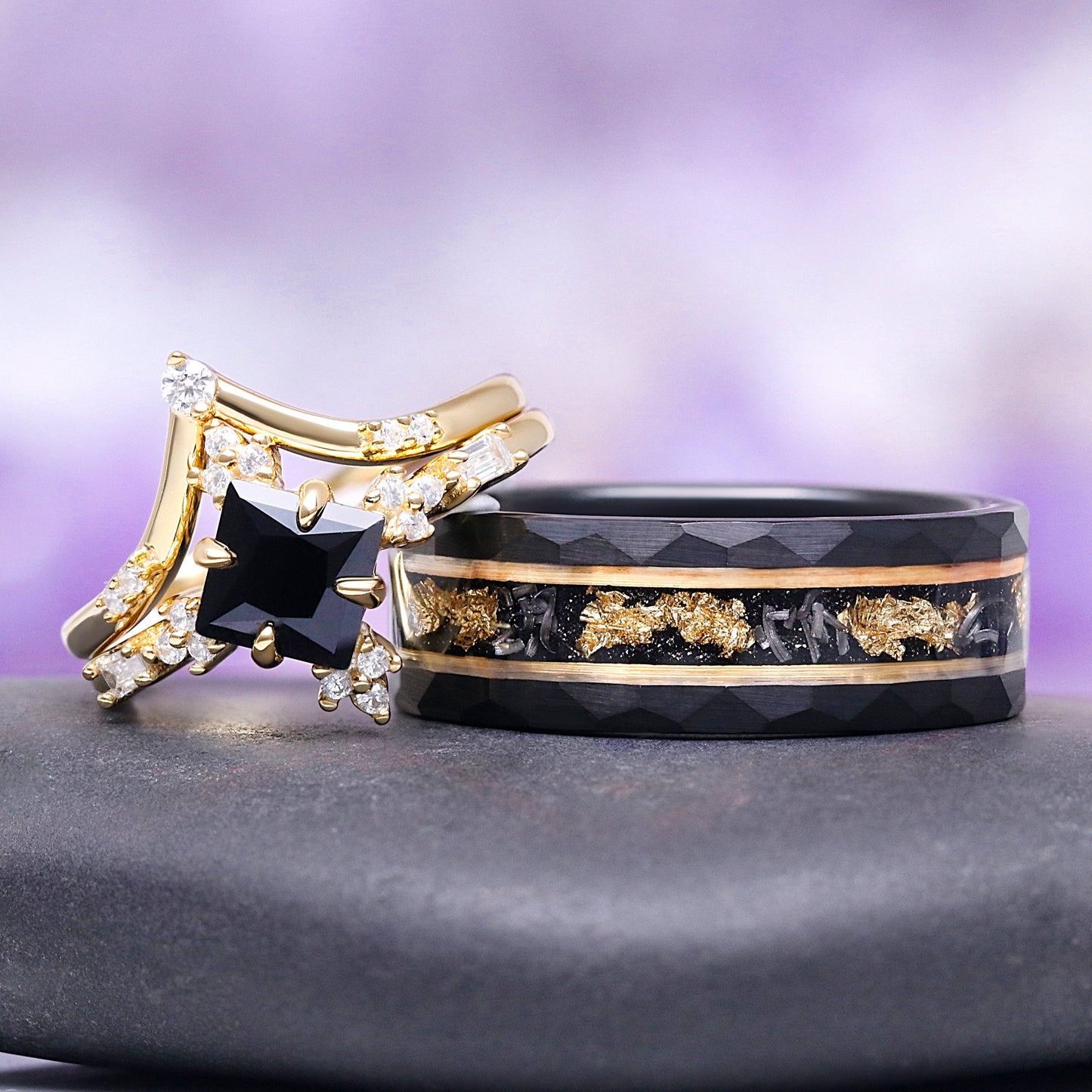 Black Onyx & Meteorite Gold Leaf Couples Ring Set