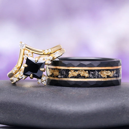 Black Onyx & Meteorite Gold Leaf Couples Ring Set