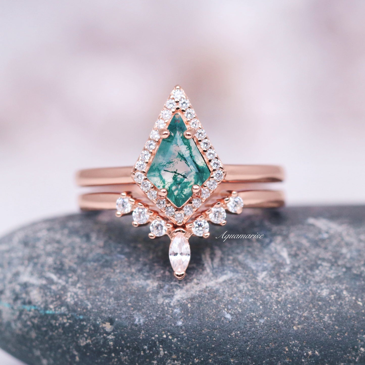 Mountain Range Green Moss Agate Couples Ring Set
