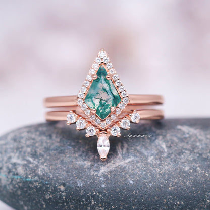 Mountain Range Green Moss Agate Couples Ring Set