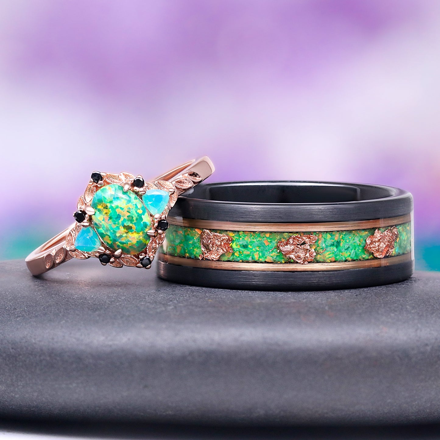 Eldoria Green Fire Opal & Rose Gold Couples Ring Set