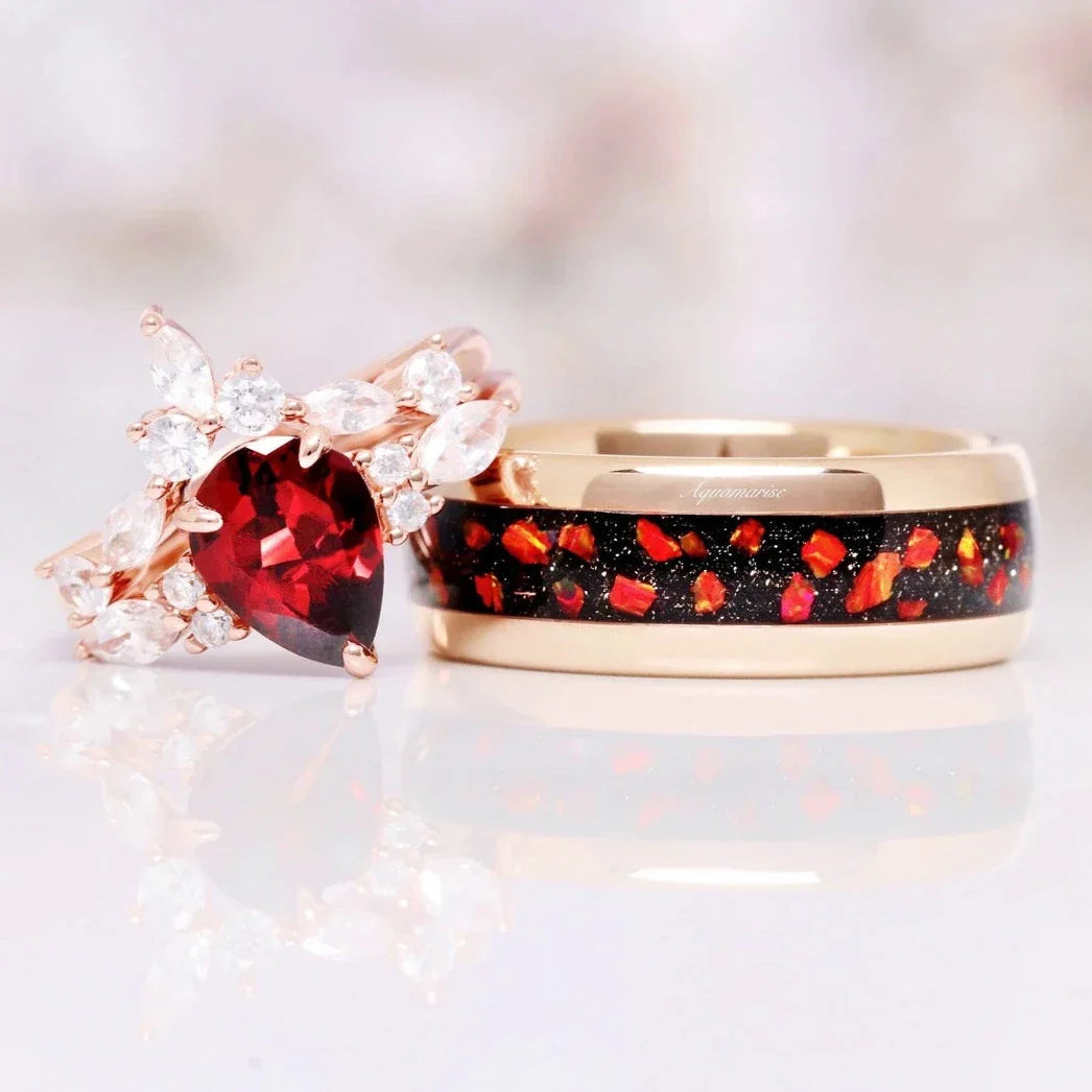 Galaxy Red Fire Opal & Garnet Couples Ring Set