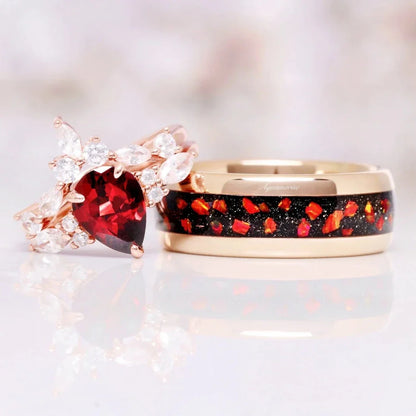 Galaxy Red Fire Opal & Garnet Couples Ring Set