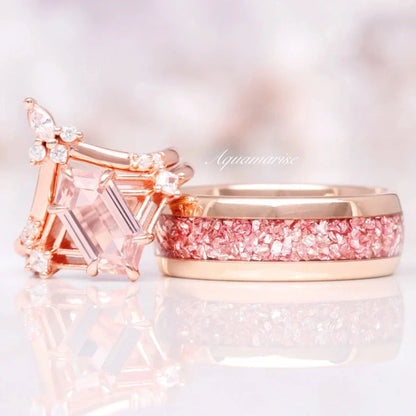 Celtic Hexagon Morganite Couples Ring Set