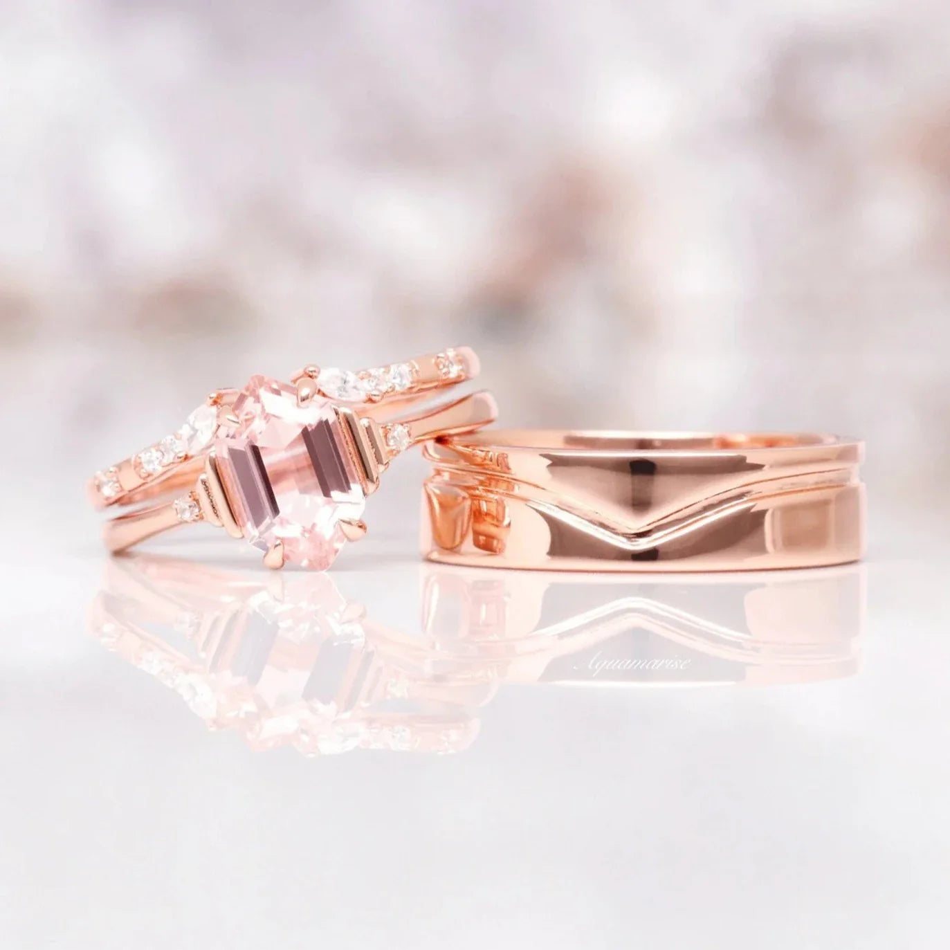 Hexagon Morganite Couples Ring Set