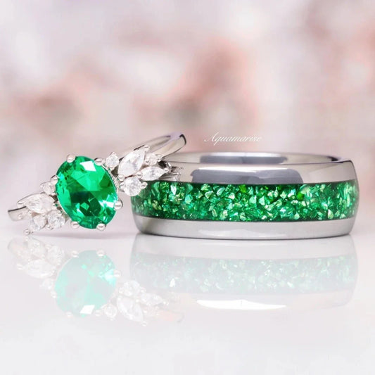 Emerald Leaf Couples Ring Set