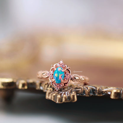 Blue Fire Opal & Guitar String Couples Ring Set