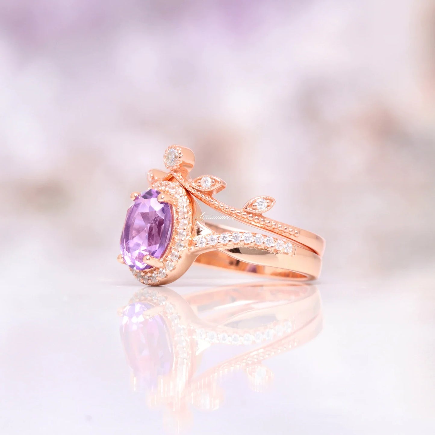 Amethyst & Galaxy Fire Opal Couples Ring Set