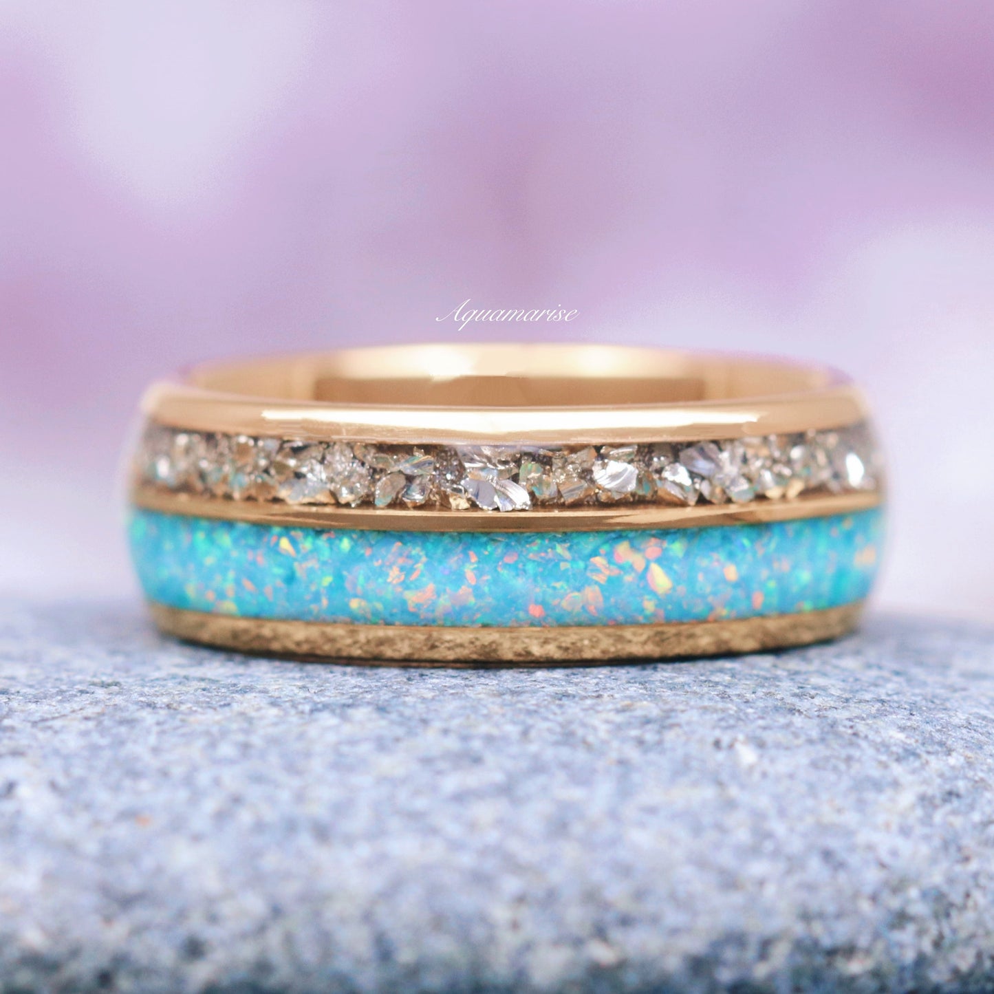 Blue Fire Opal & Crushed Diamond Couples Ring Set