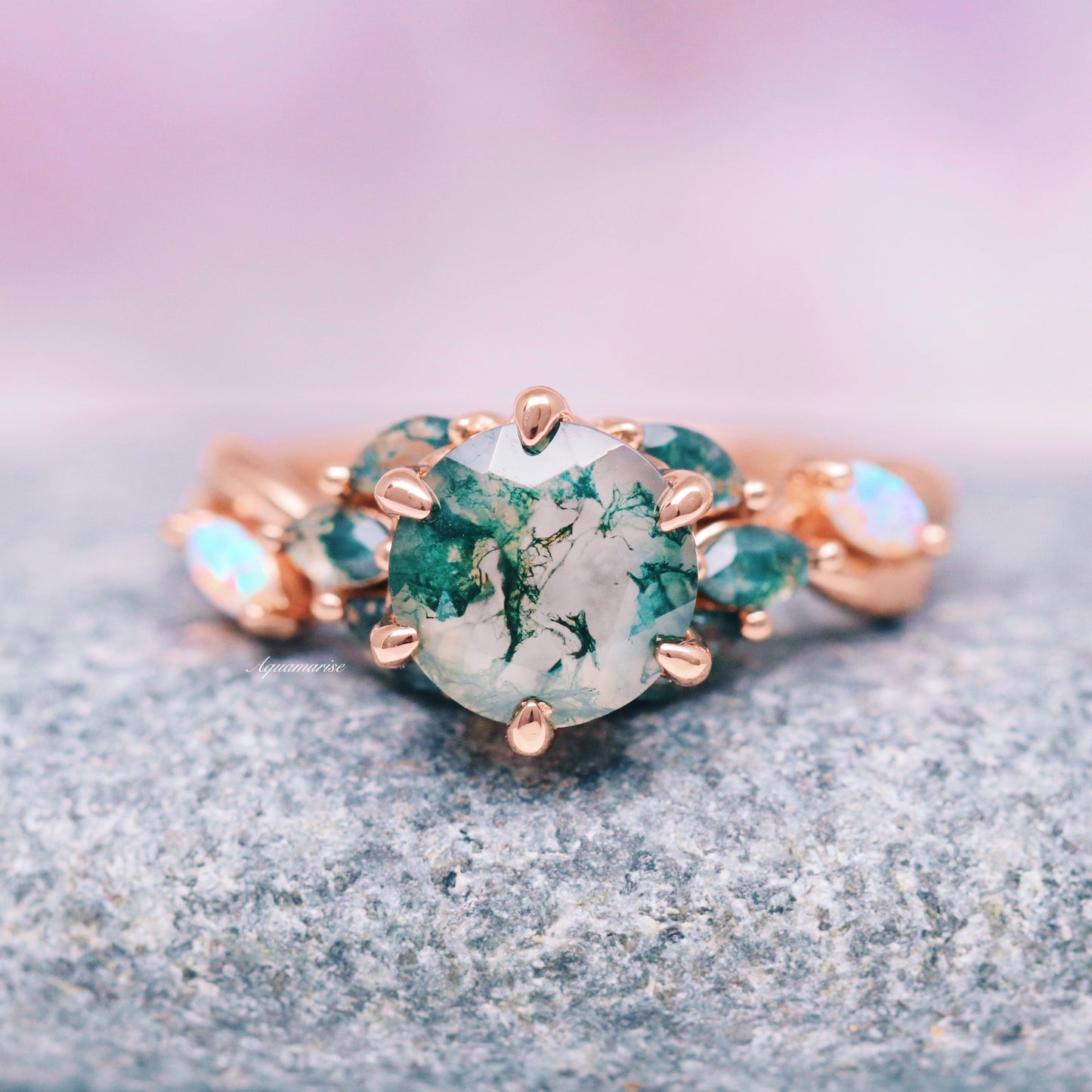 Enchanted Garden Moss Agate & Fire Opal Couples Ring Set