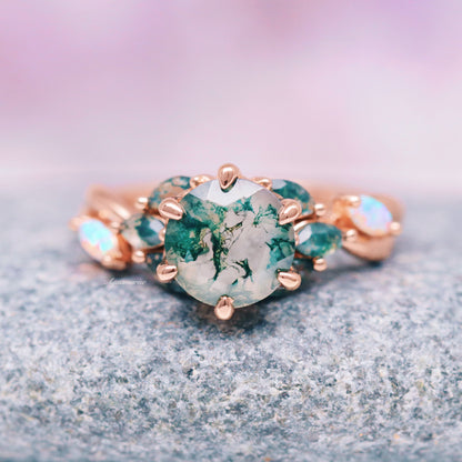 Enchanted Garden Moss Agate & Fire Opal Couples Ring Set