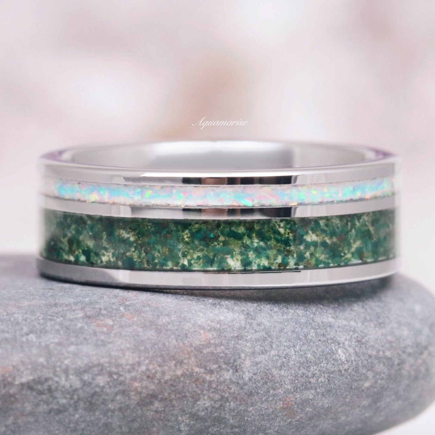Green Moss Agate & Fire Opal Couples Ring Set