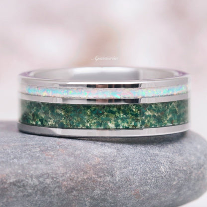 Green Moss Agate & Fire Opal Couples Ring Set