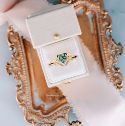 Green Moss Agate & Gold Leaf Couples Ring Set