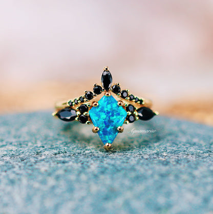 Skye Kite® Blue Fire Opal, Meteorite & Starry Night Couples Ring Set
