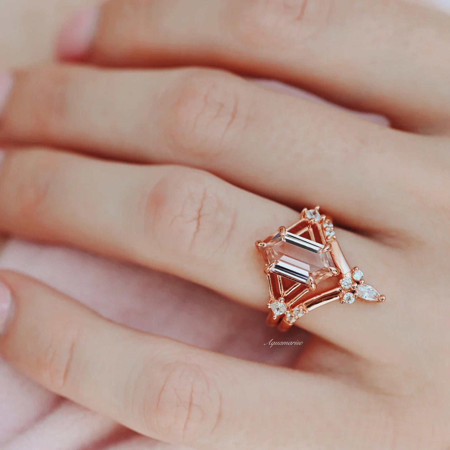 Celtic Hexagon Morganite Couples Ring Set