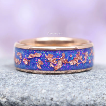 Starry Night Van Gogh Fire Opal & Rose Gold Leaf Couples Ring Set