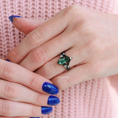 Hexagon Coffin Green Moss Agate Couples Ring Set