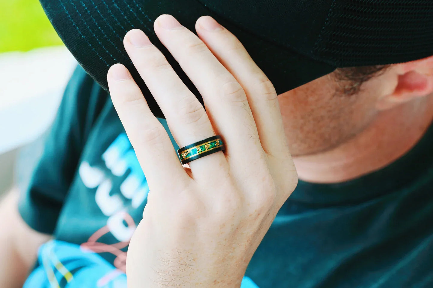 Green Moss Agate & Fire Opal & Gold Leaf Couples Ring Set