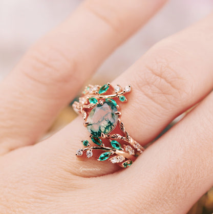 Green Fire Opal & Moss Agate Leaf Couples Ring Set