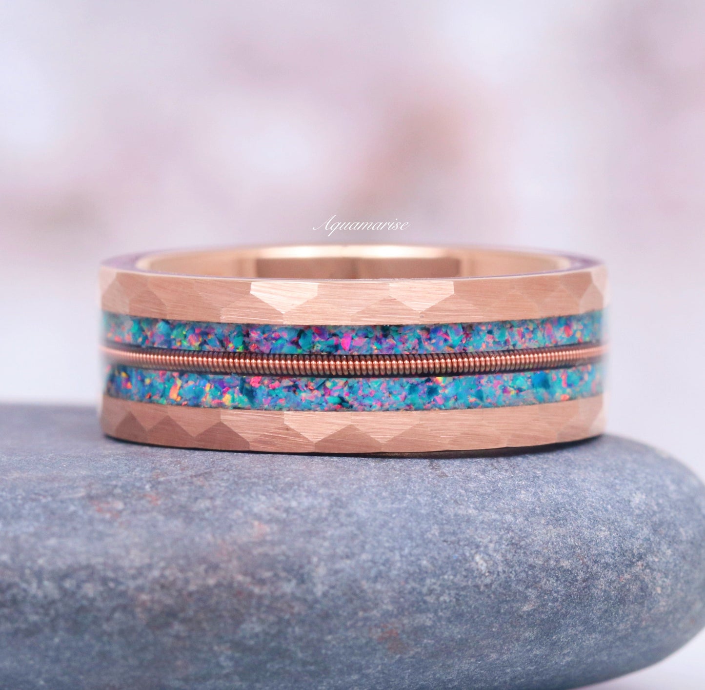 Blue Fire Opal & Guitar String Couples Ring Set
