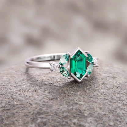Hexagon Emerald & Moss Agate Couples Ring Set