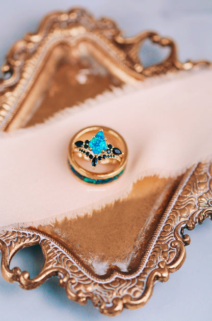 Skye Kite® Blue Fire Opal, Meteorite & Starry Night Couples Ring Set