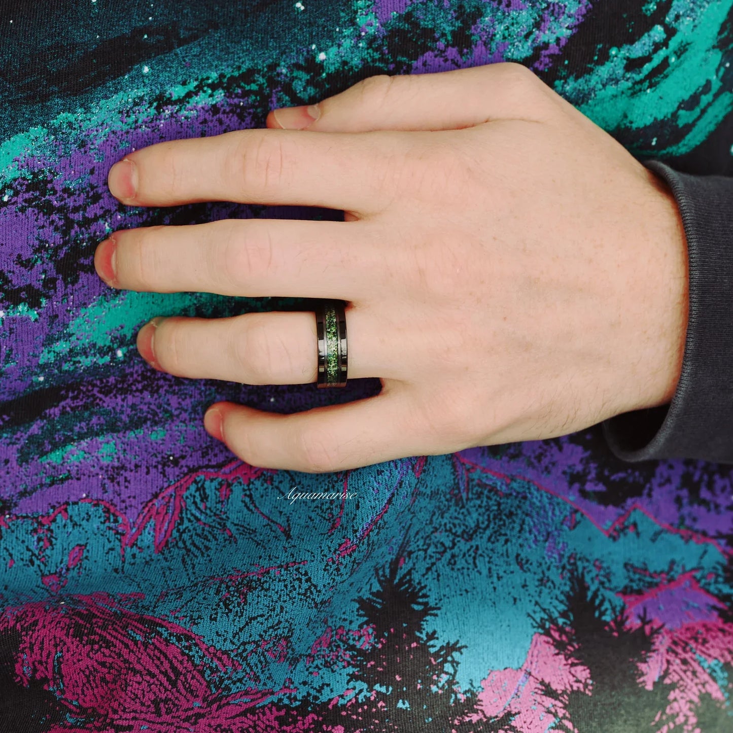 Hexagon Coffin Green Moss Agate Couples Ring Set