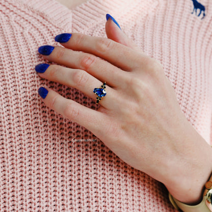 Coffin Cut Blue Sapphire and Gold Leaf Couples Ring Set