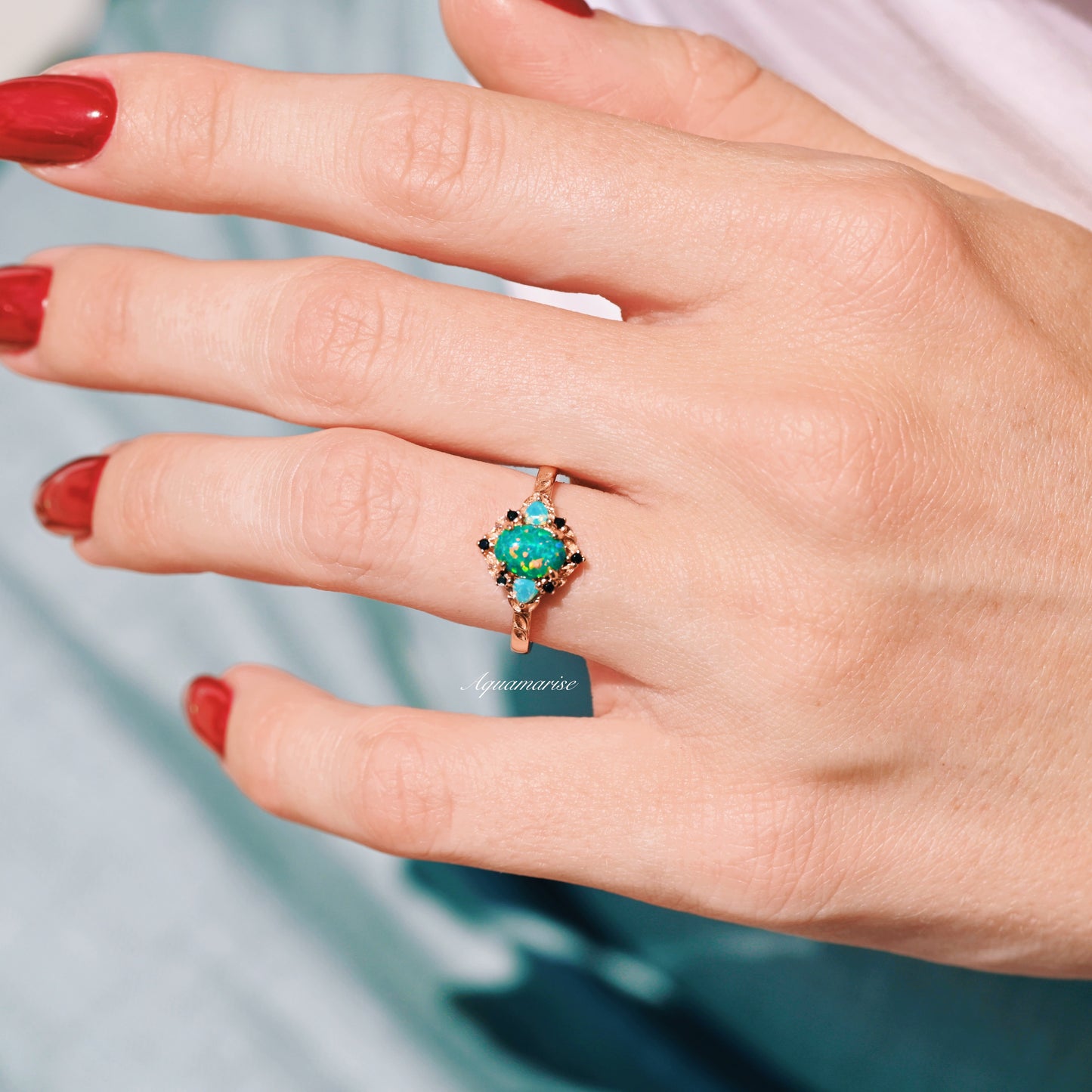 Eldoria Green Fire Opal & Rose Gold Couples Ring Set