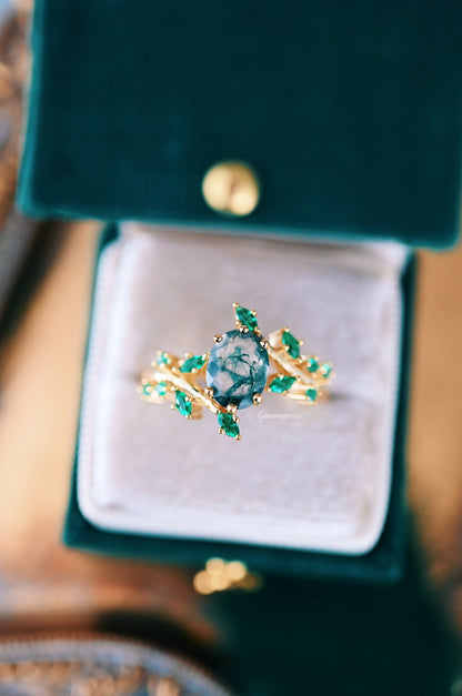 Green Moss Agate & Fire Opal & Gold Leaf Couples Ring Set