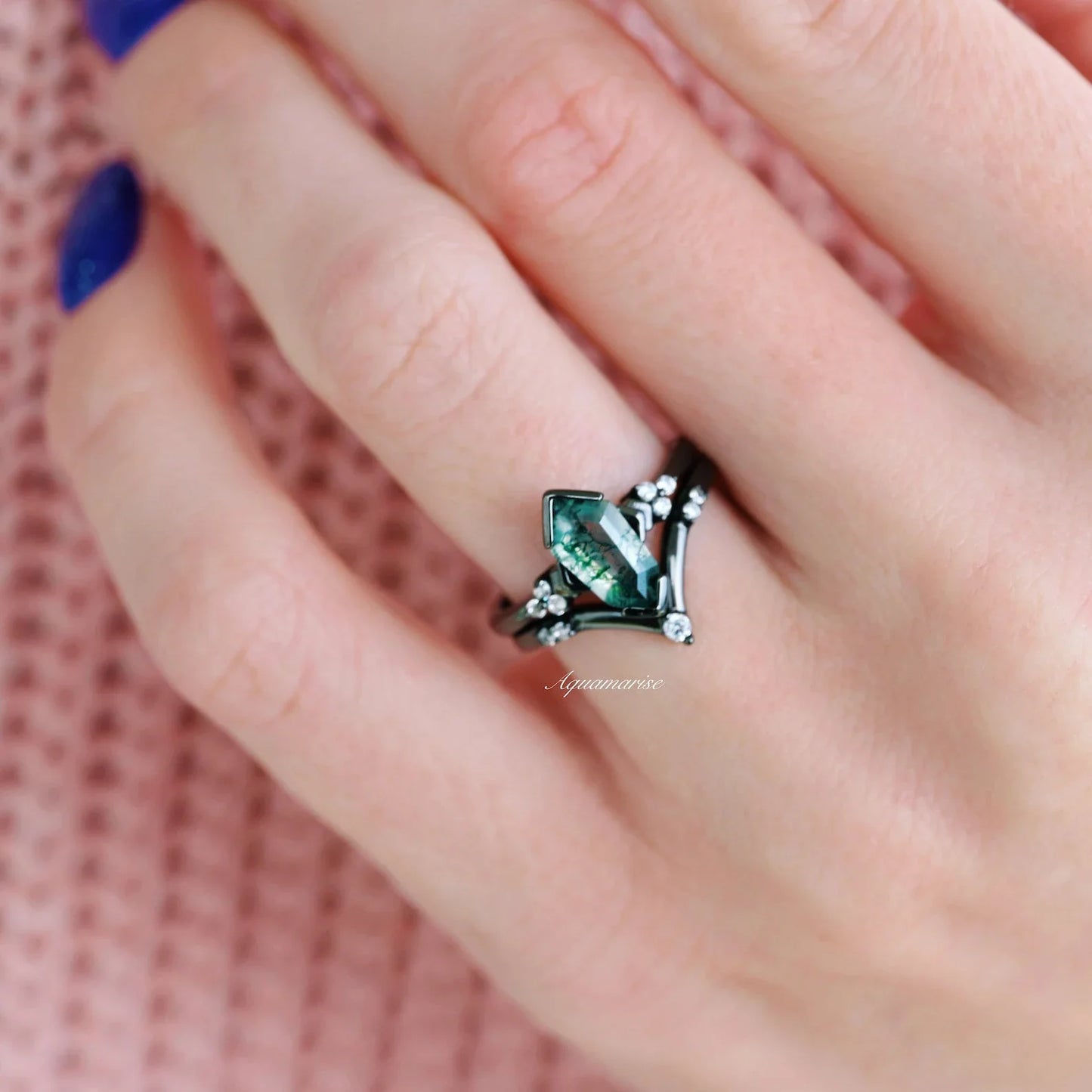 Hexagon Coffin Green Moss Agate Couples Ring Set