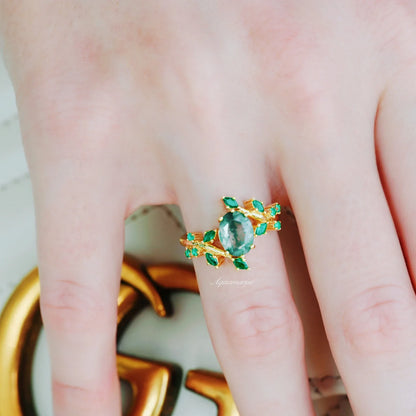 Green Moss Agate & Fire Opal & Gold Leaf Couples Ring Set